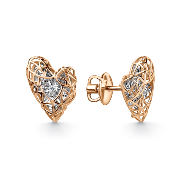 Серьги пусеты из красного золота с танцующим бриллиантом