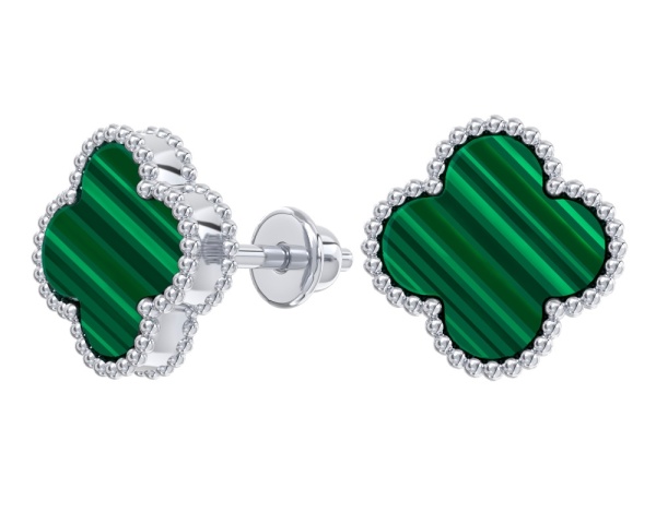 Серьги пусеты «Клевер» из серебра с малахитом