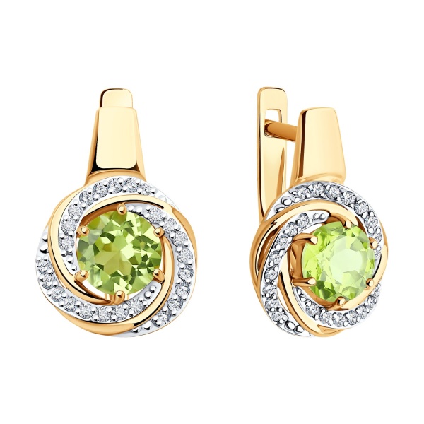 Серьги из красного золота с хризолитом и фианитами