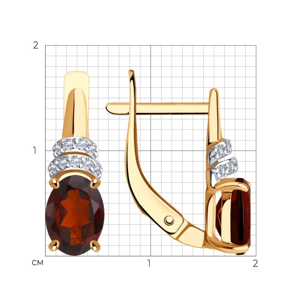 Серьги из красного золота с гранатами и фианитами