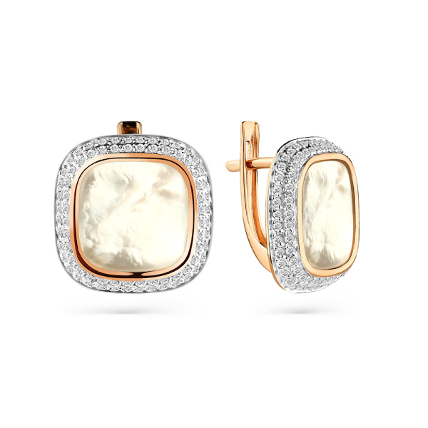 Серьги из красного золота с фианитами и перламутром