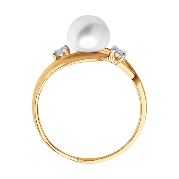 Кольцо из красного золота с жемчугом и фианитами