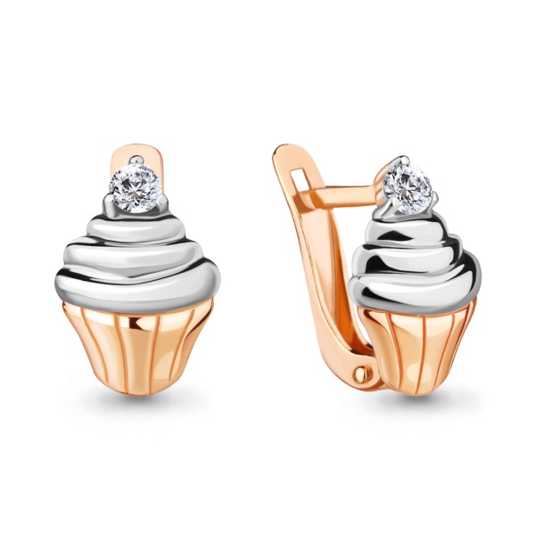 Серьги «Пирожное» из комбинированного золота 585 пробы с фианитами