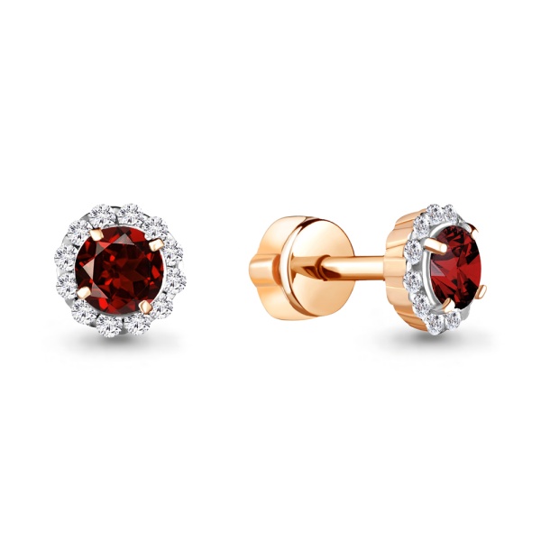 Серьги пусеты из позолоченного серебра с гранатом и фианитами