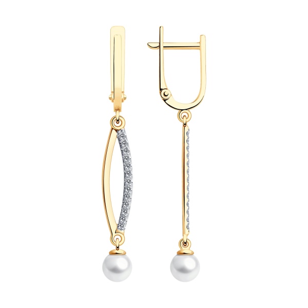 Серьги из красного золота с жемчугом и фианитами