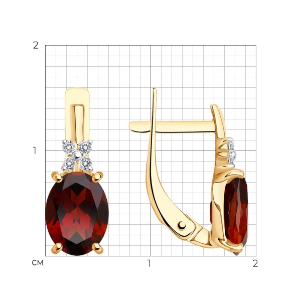 Серьги из красного золота с гранатами и фианитами