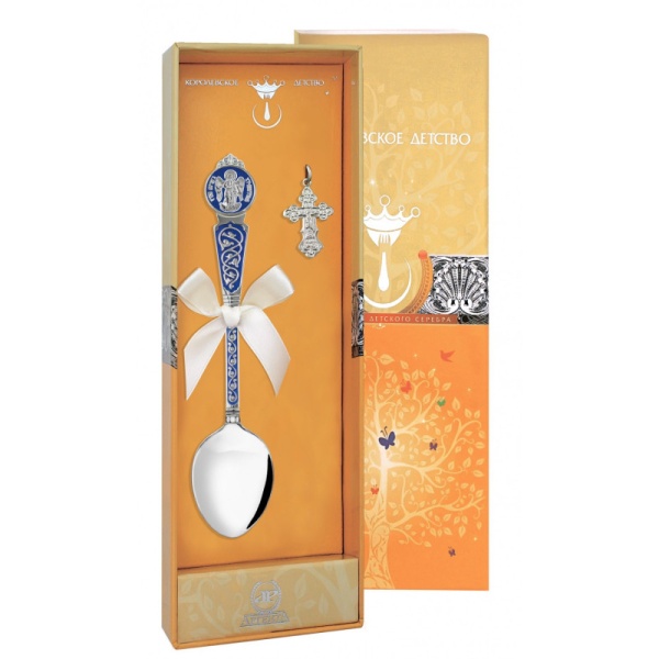 Набор из серебра с эмалью крестик и ложка «Ангел Хранитель»