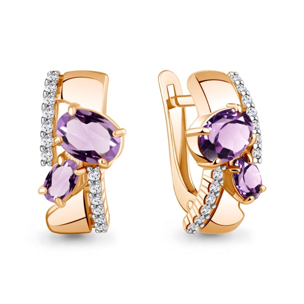 Серьги из красного золота с аметистами и фианитами