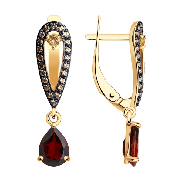 Серьги из красного золота с гранатами и фианитами