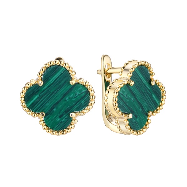 Серьги «Клевер» из позолоченного серебра с малахитом
