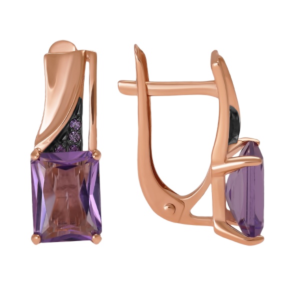 Серьги из красного золота с аметистами и фианитами