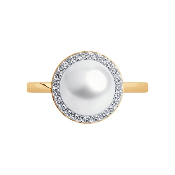Кольцо из красного золота с жемчугом и фианитами