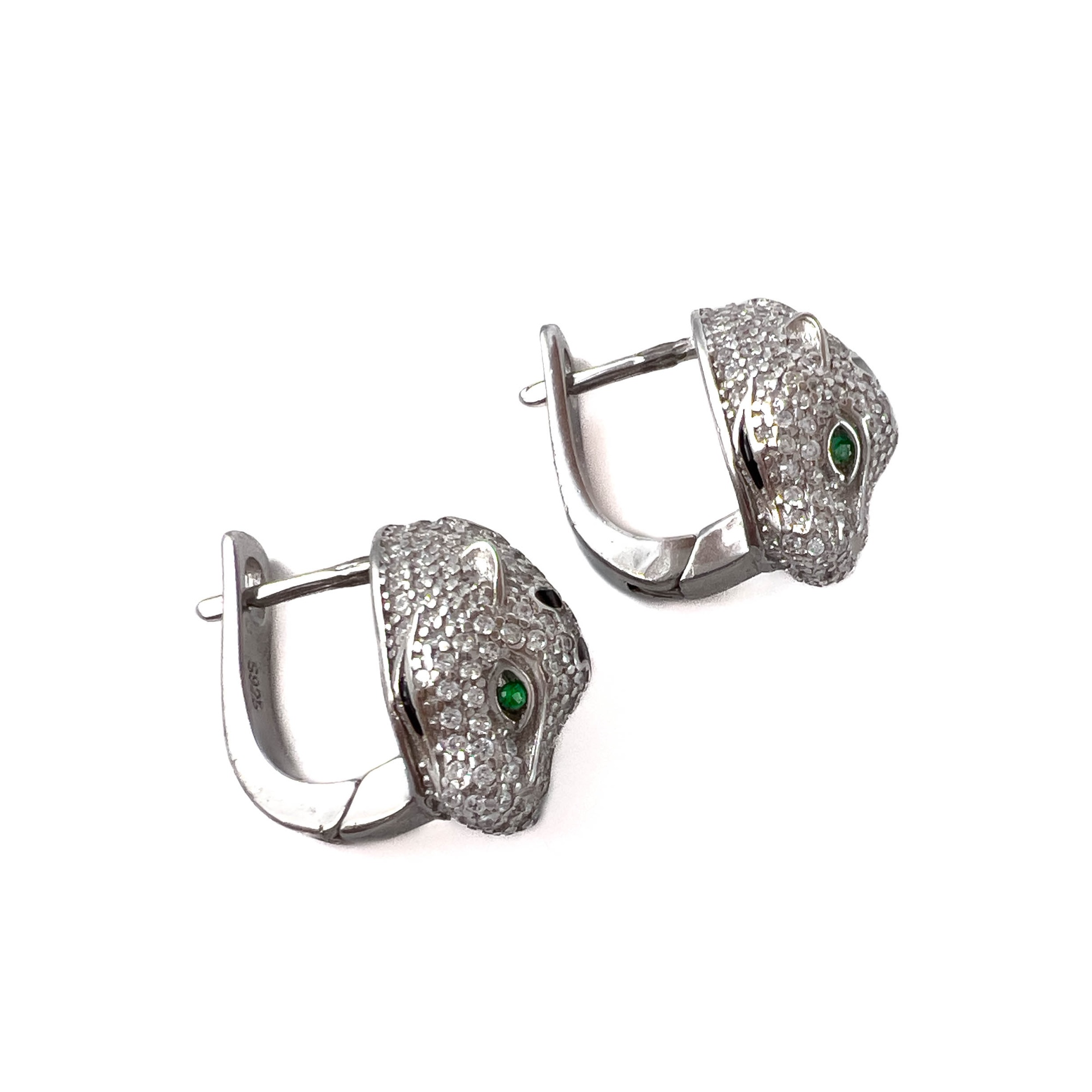 Серьги из серебра в виде головы пантеры с цирконом и эмалью