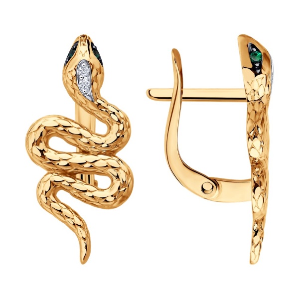 Серьги из красного золота с бриллиантами и гидротермальными изумрудами