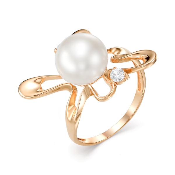 Кольцо из красного золота с жемчугом и фианитами