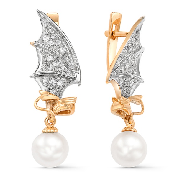 Серьги из красного золота с жемчугом и фианитами