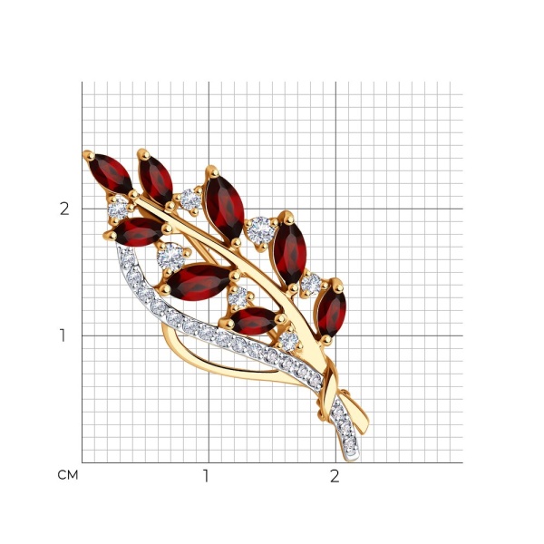 Брошь из красного золота с гранатами и фианитами «Веточка»