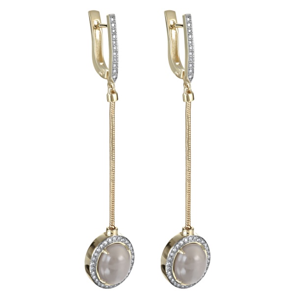 Серьги из желтого золота с лунными камнем и бриллиантами