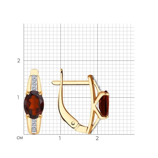 Серьги из красного золота с гранатами и фианитами