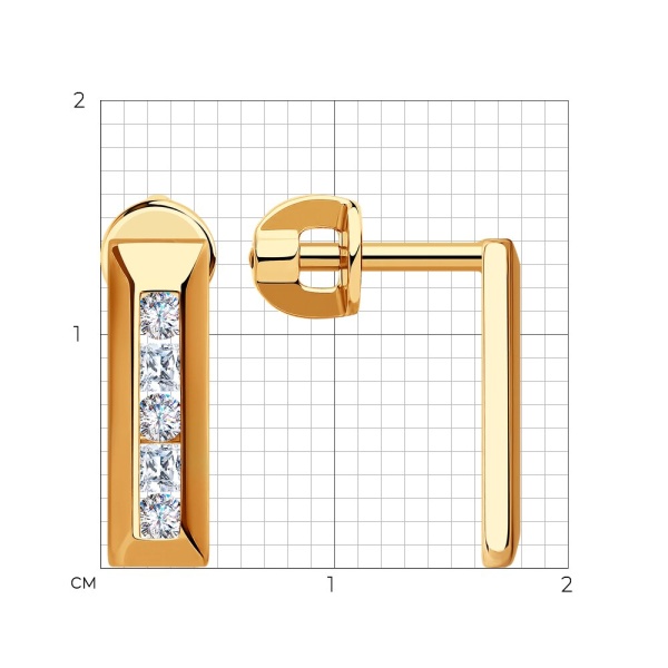 Серьги пусеты из красного золота с фианитами