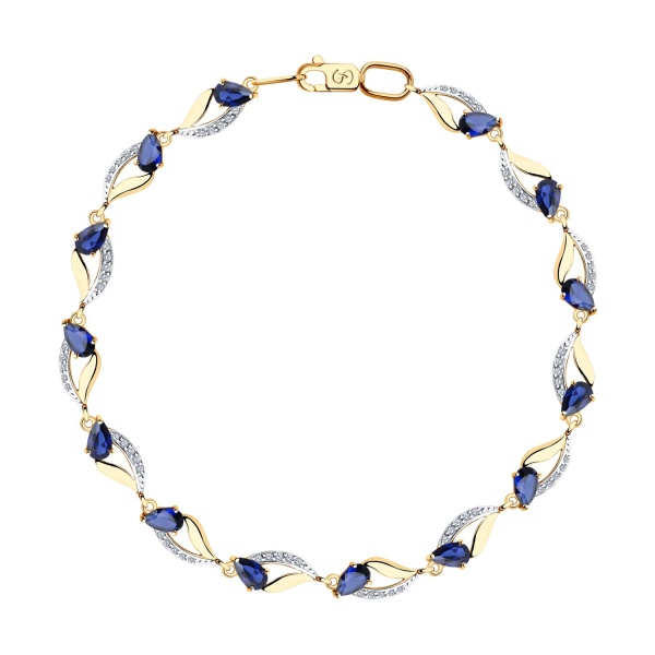 Браслет из красного золота с корундами сапфировыми и фианитами