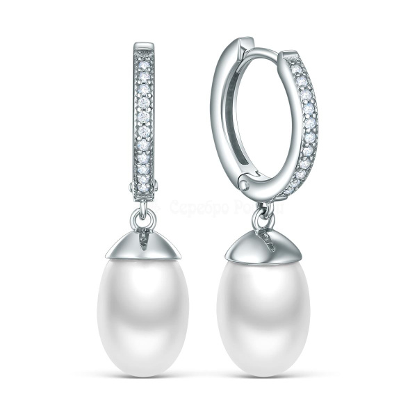 Серьги конго из серебра с жемчугом и фианитами