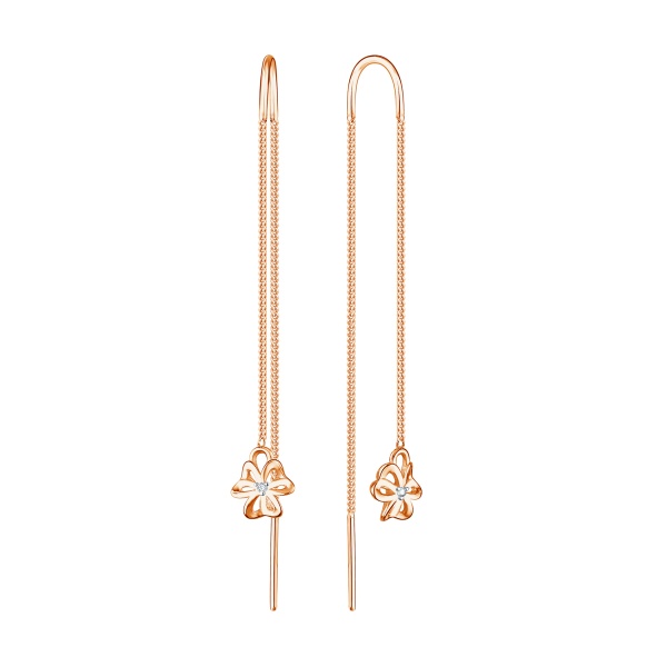 Серьги-продевки из красного золота с фианитами